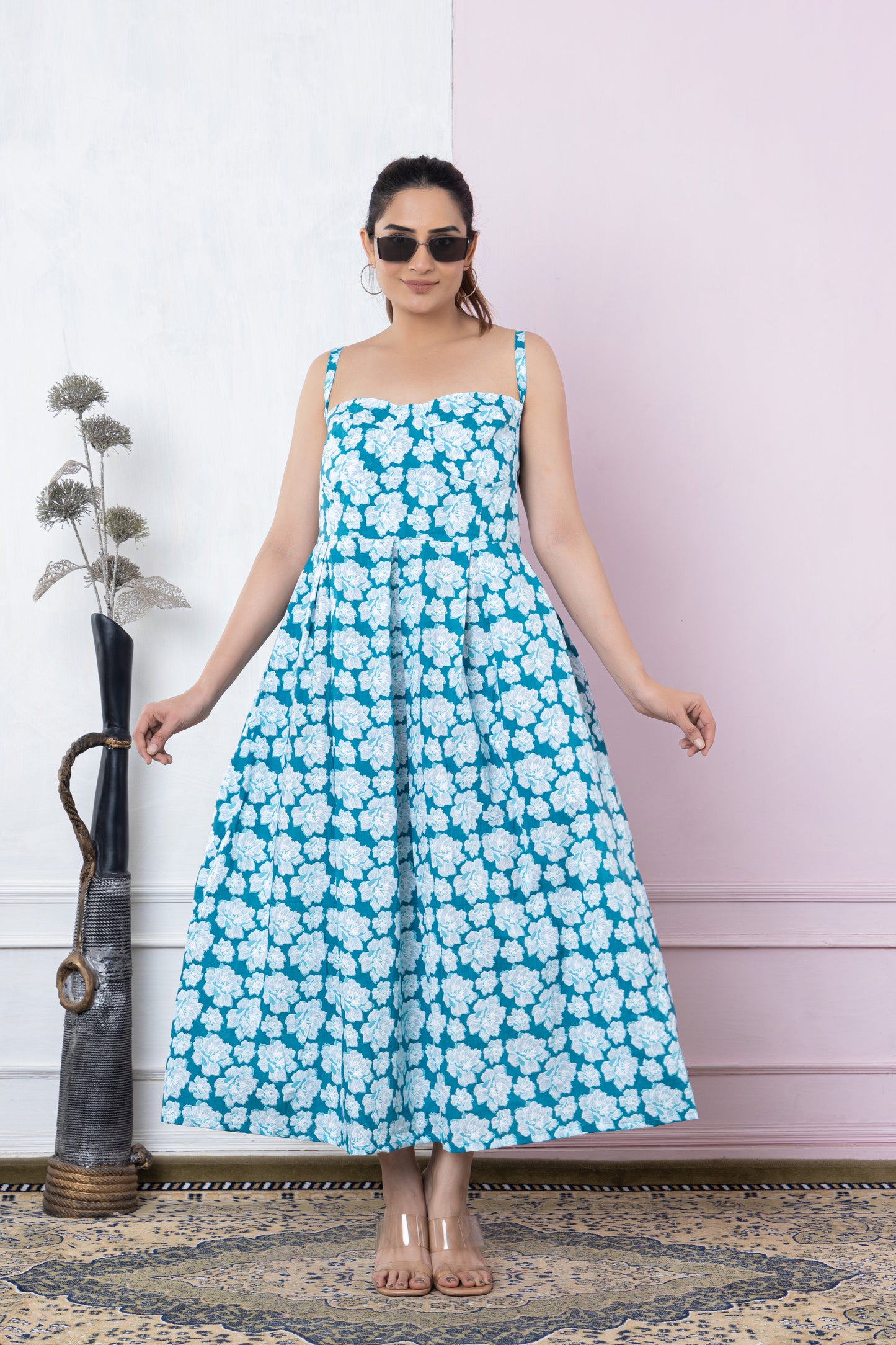 TURQUOISE DIGITAL PRINTED COTTON DRESS