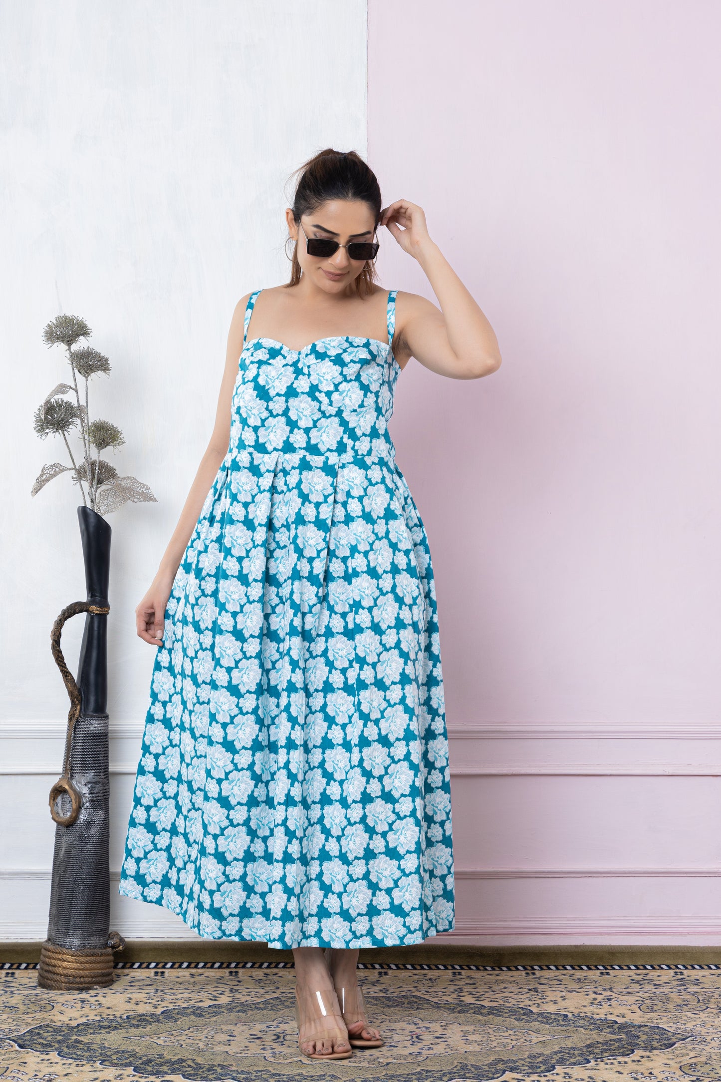 TURQUOISE DIGITAL PRINTED COTTON DRESS