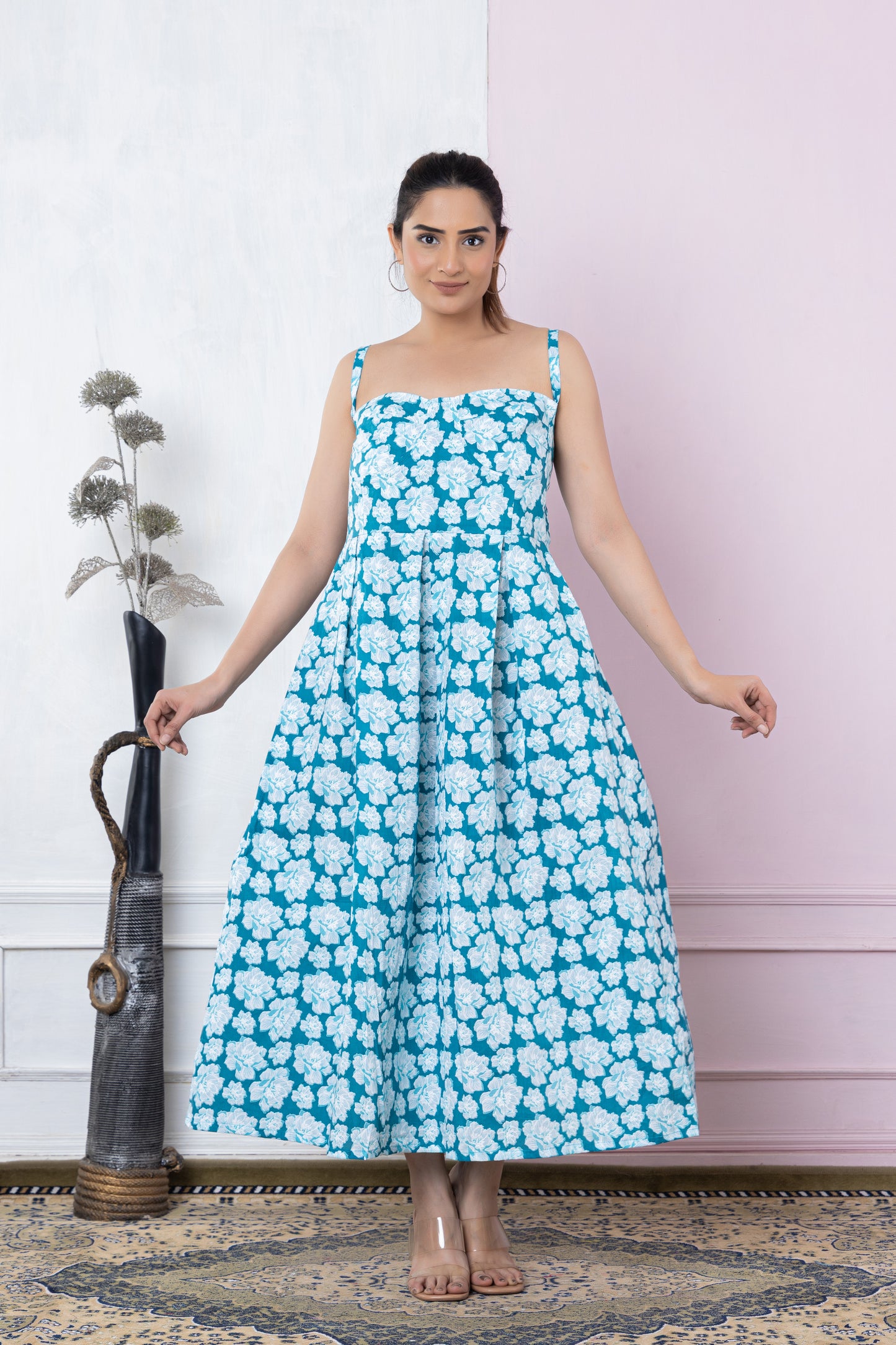 TURQUOISE DIGITAL PRINTED COTTON DRESS