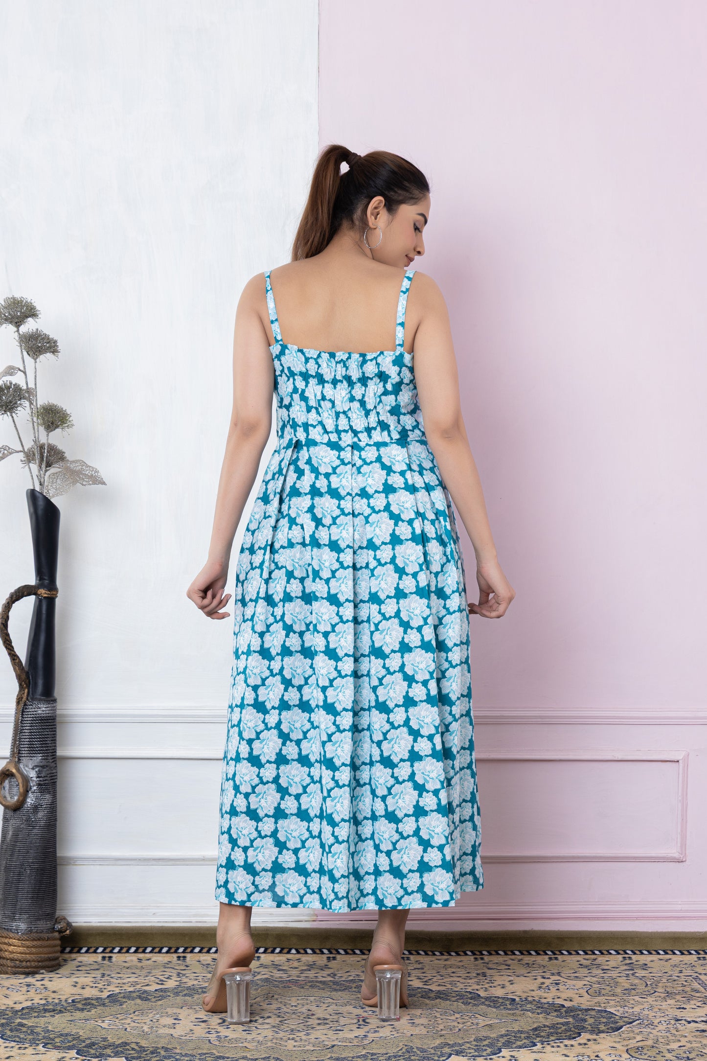 TURQUOISE DIGITAL PRINTED COTTON DRESS