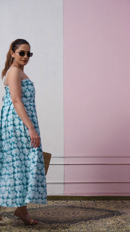 TURQUOISE DIGITAL PRINTED COTTON DRESS